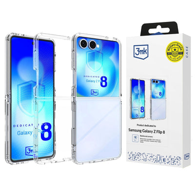 Permatomas telefono dėklas „Samsung Galaxy Z Flip 5“ su mėlynu fonu ir dėžutės pakuote.