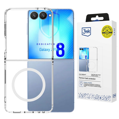 Skaidrus telefono dėklas, skirtas Galaxy F8 su dviguba kamera ir mėlynas fonas.