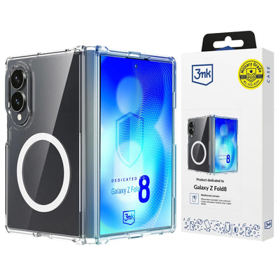 Skaidrus telefono dėklas ir pakuotė su mėlynu dizainu „Galaxy Z Fold8“.