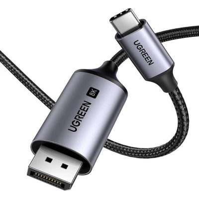 Pilkas UGREEN kabelis su DisplayPort ir USB-C jungtimis, juoda austine danga.