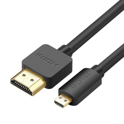 Juodas HDMI į micro HDMI kabelis su auksuotais kištukais, baltame fone.