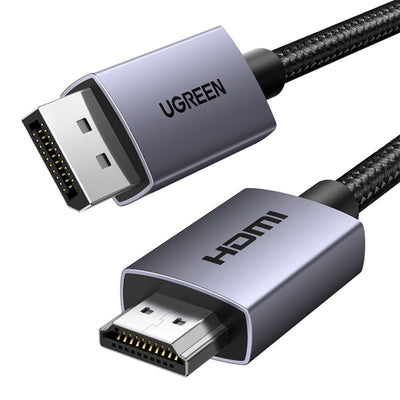 Sidabriniai HDMI ir DisplayPort jungtys su juodais kabeliais, prekės ženklas "UGREEN".