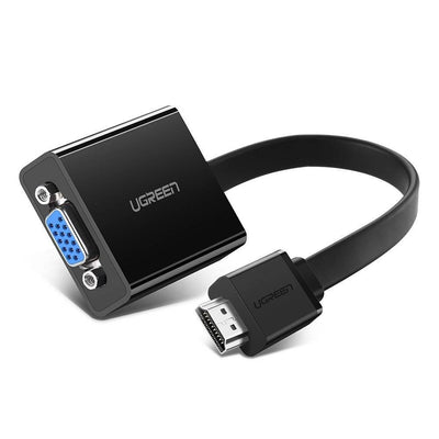 Juodas HDMI į VGA adapteris su mėlynu VGA prievadu ir trumpu plokščiu kabeliu.