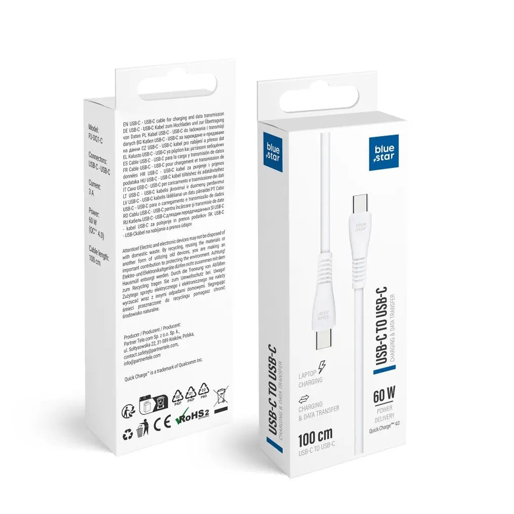 USB kabelis Blue Star PJ-DQ1-C USB-C to USB-C 60W 1.0m baltas