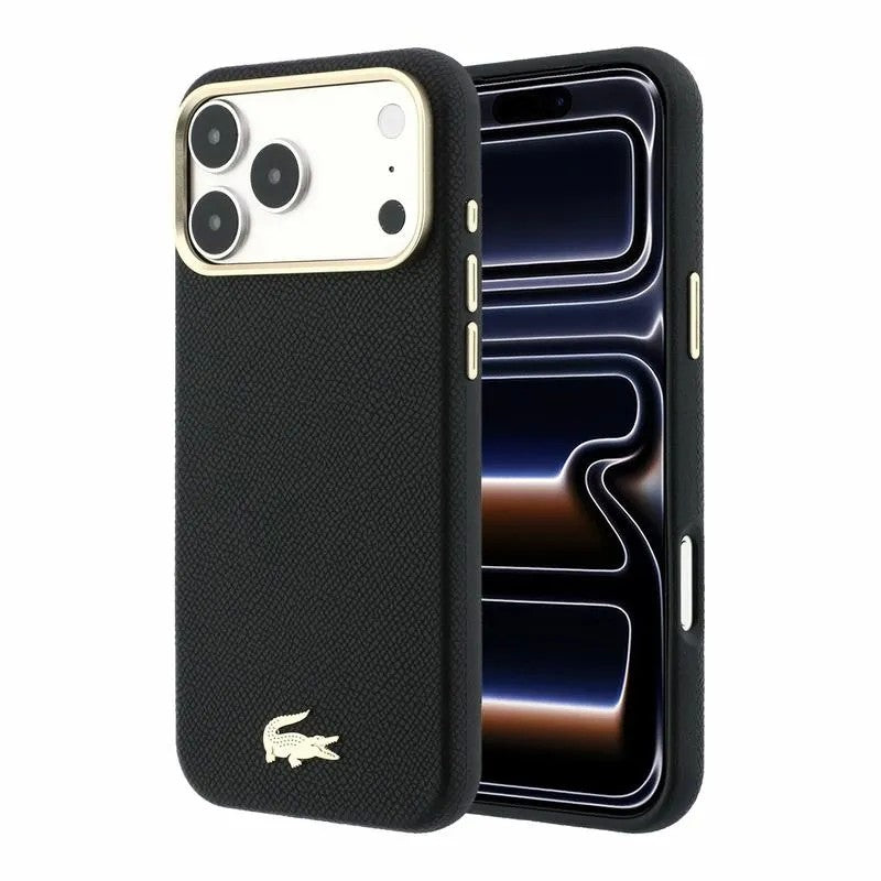 Dėklas Lacoste PU Leather Champs Elysees Gold Logo MagSafe Apple iPhone 18 Pro juodas