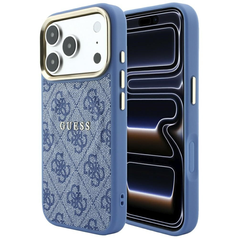 Dėklas Guess PU Leather 4G Gold Frame Embossed MagSafe Apple iPhone 18 Pro mėlynas