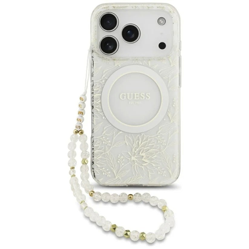 Dėklas Guess IML Flowers Allover Strap MagSafe Apple iPhone 18 Pro baltas