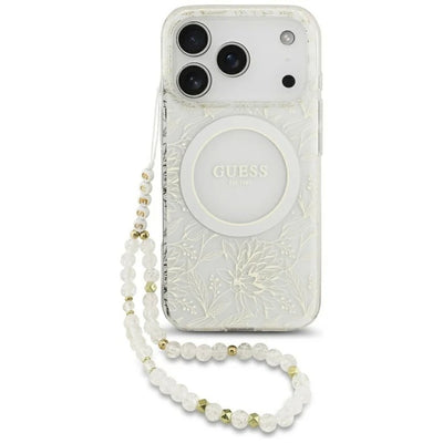 Dėklas Guess IML Flowers Allover Strap MagSafe Apple iPhone 18 Pro baltas