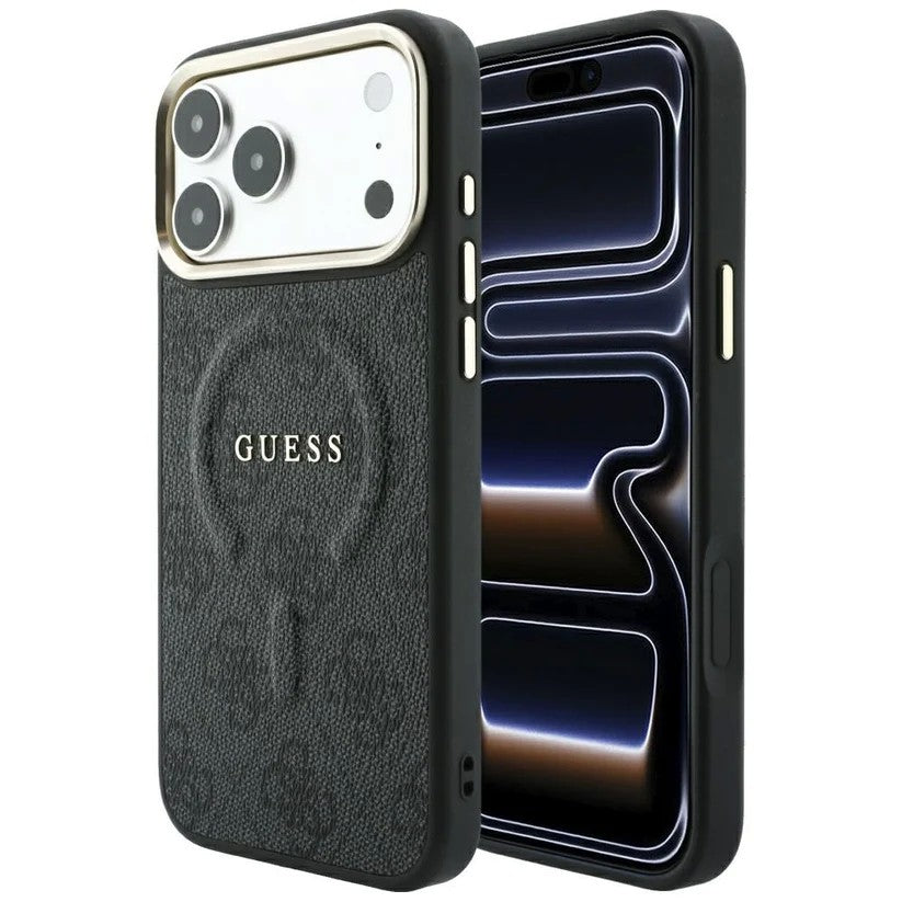 Dėklas Guess PU Leather 4G Gold Frame Embossed MagSafe Apple iPhone 18 Pro Max juodas
