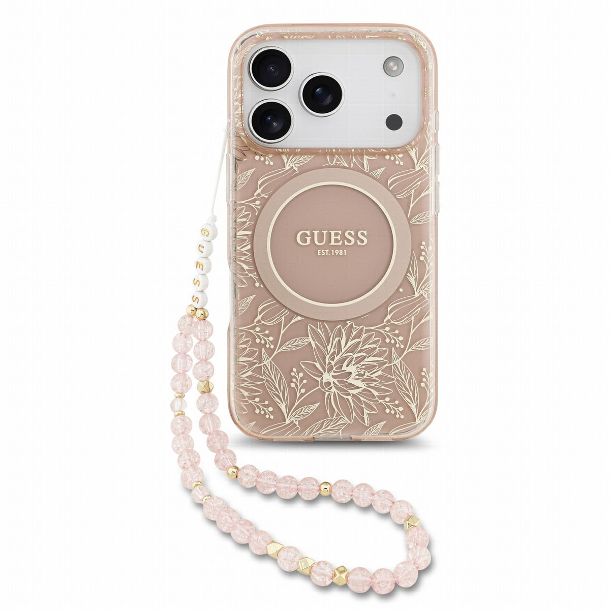 Dėklas Guess IML Flowers Allover Strap MagSafe Apple iPhone 18 Pro Max rožinis
