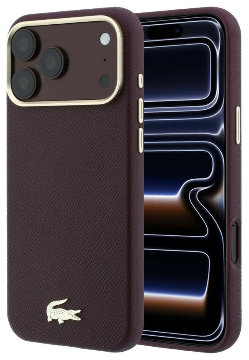 Dėklas Lacoste PU Leather Champs Elysees Gold Logo MagSafe Apple iPhone 18 Pro tamsiai raudonas