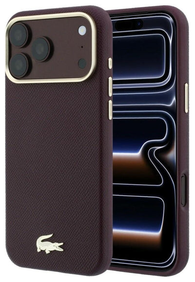 Dėklas Lacoste PU Leather Champs Elysees Gold Logo MagSafe Apple iPhone 18 Pro tamsiai raudonas