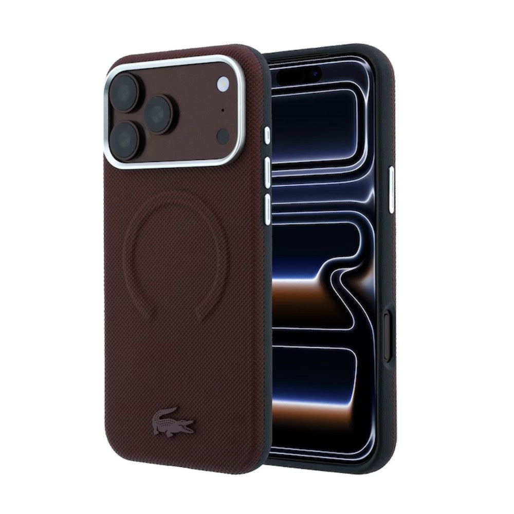 Dėklas Lacoste PVC Petit Pique Semi Wrap Embossed MagSafe Apple iPhone 18 Pro tamsiai raudonas