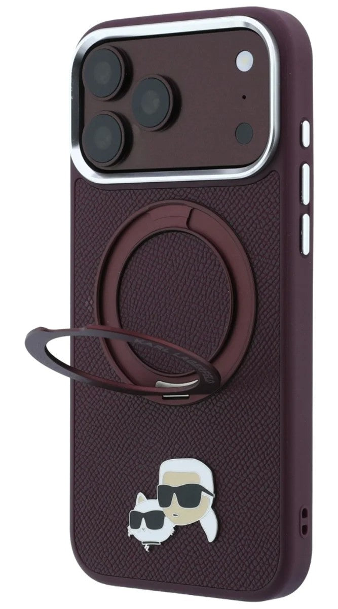 Dėklas Karl Lagerfeld PU Grained K&CH Heads Ring Stand Magsafe Apple iPhone 18 Pro tamsiai raudonas