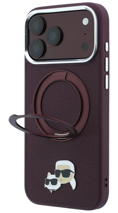 Dėklas Karl Lagerfeld PU Grained K&CH Heads Ring Stand Magsafe Apple iPhone 18 Pro tamsiai raudonas