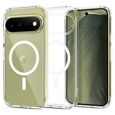 Skaidrus telefono dėklas su žaliu telefonu, matomas fotoaparatas ir apskritas ornamentas.