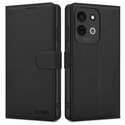 Juodas odinis telefono dėklas su užsegimu, matomos kameros išpjovos ir siūlės detalės.